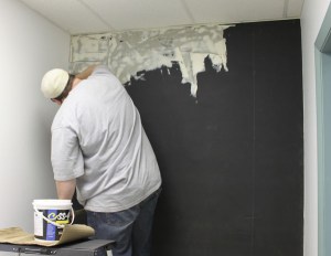 1. Remove the Screws from the BLockAid® - if you didn't already... then same as BlockAid®, measure the wall, mark it, measure and cut a piece of Sound Channels® and start troweling on the Chapco!